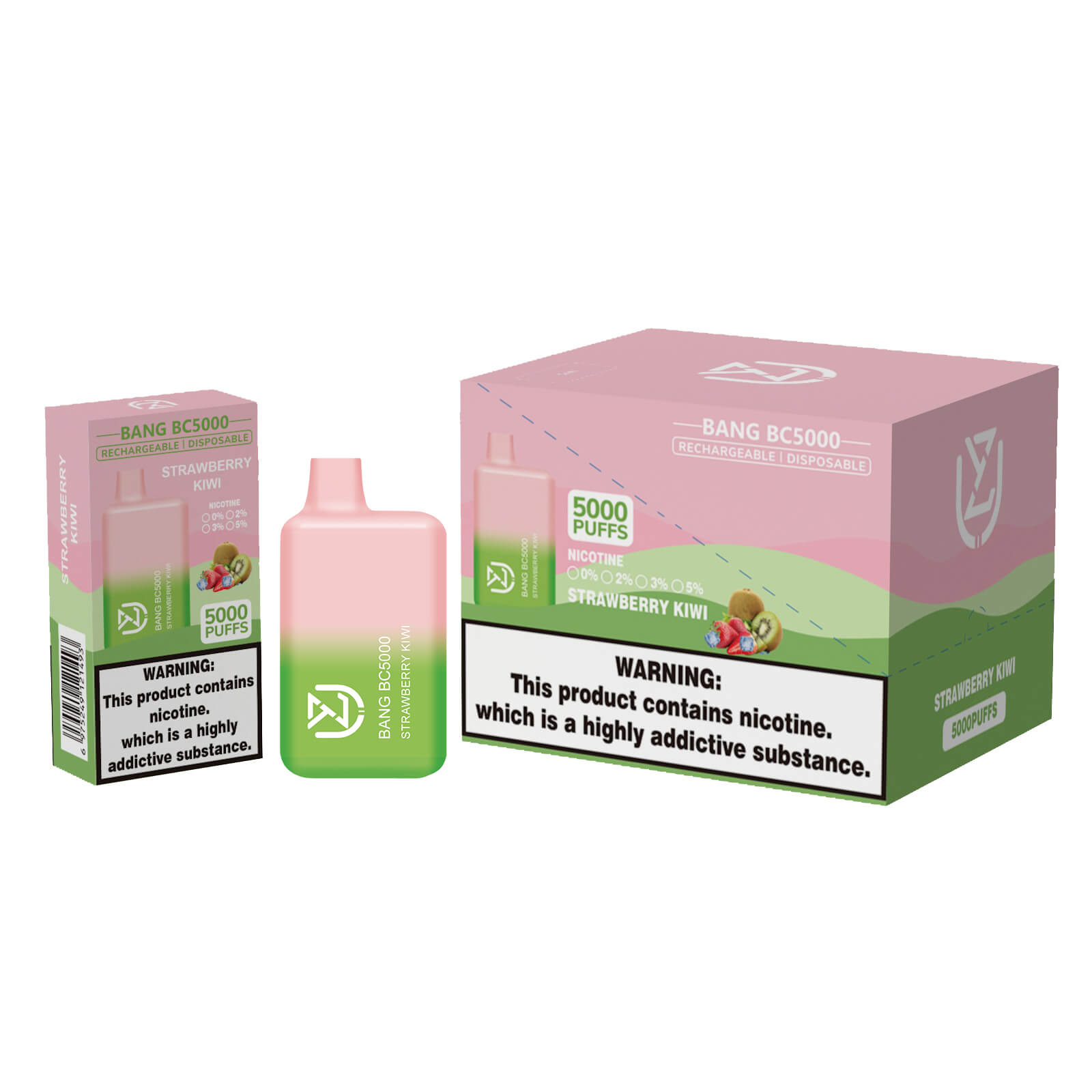 Packaging and a disposable vaping device labeled "Bang BC5000 Strawberry Kiwi" with 5000 puffs, rechargeable, featuring green and pink gradient design and nicotine warning label.