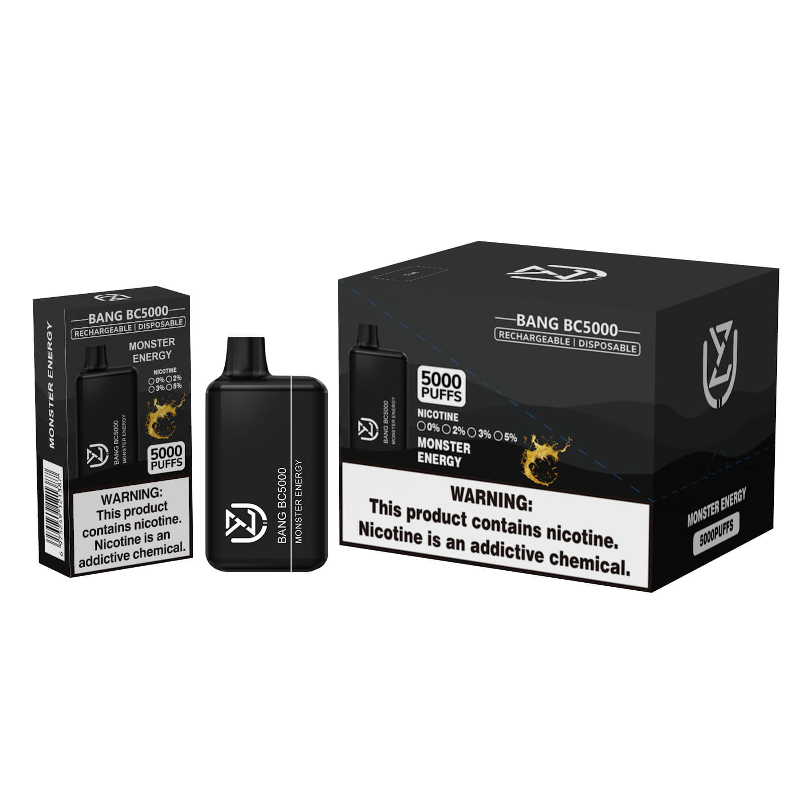 Black rechargeable disposable vape device branded "Bang BC5000" in Monster Energy flavor, featuring 5000 puffs, nicotine strength options, and packaging with a nicotine warning label.