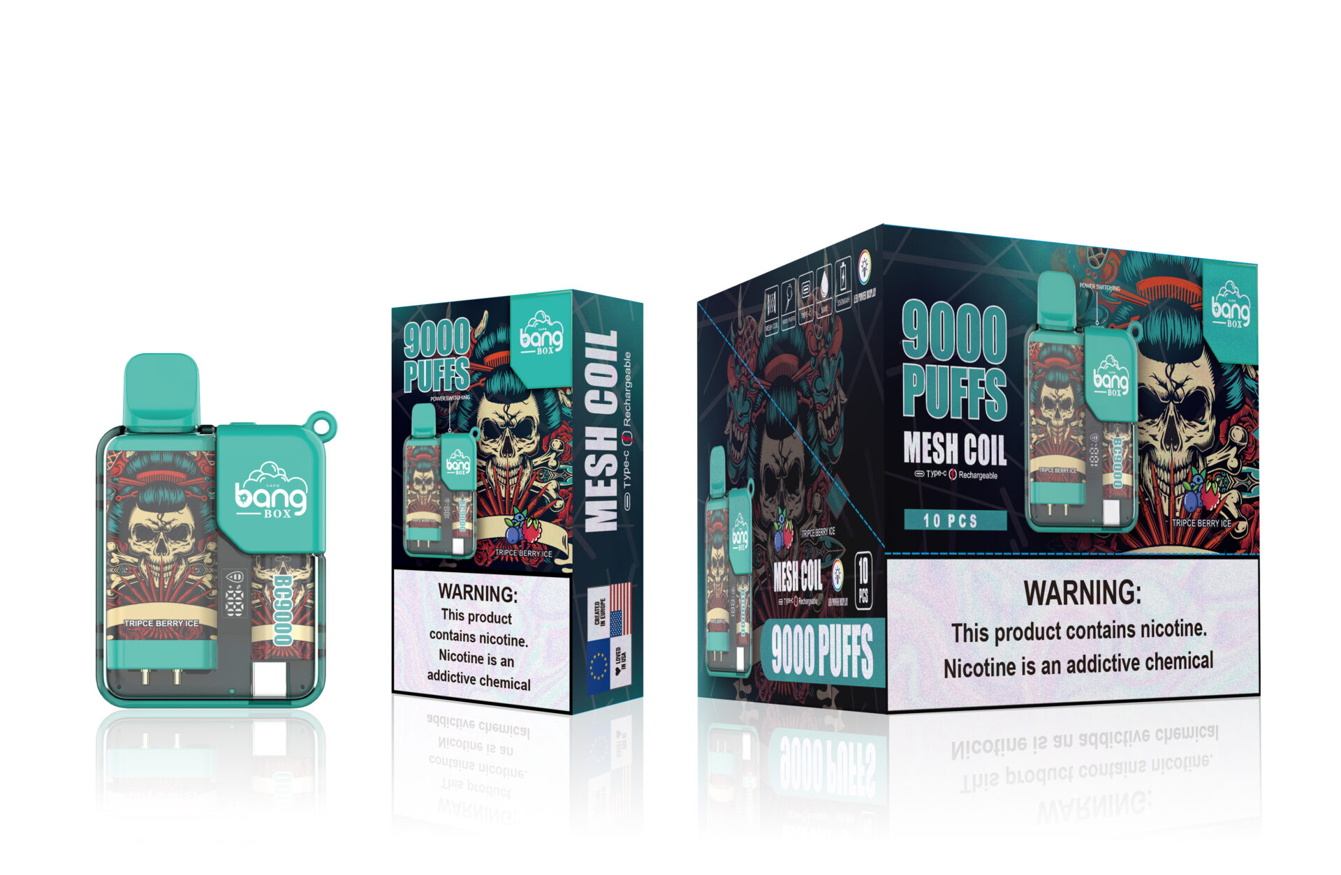 Bang Box disposable vape with turquoise accents and a stylized skull design, labeled "9000 puffs," featuring mesh coil technology, Type-C rechargeability, and triple berry ice flavor, alongside packaging displaying product details and a nicotine warning.