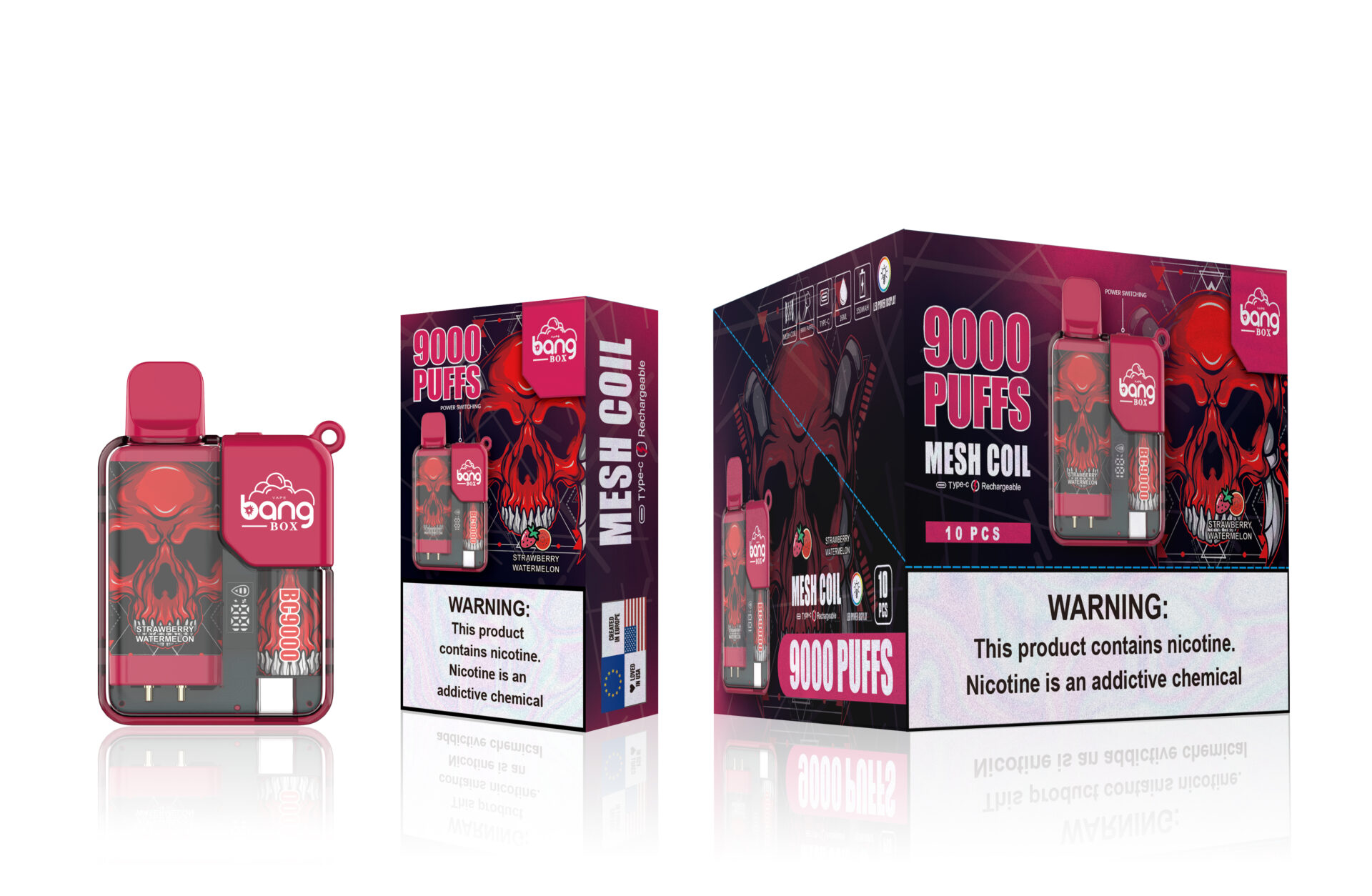 Packaging of Bang Box 9000 Puffs vape device featuring a red skull design, with a strawberry watermelon flavor and nicotine warning label.