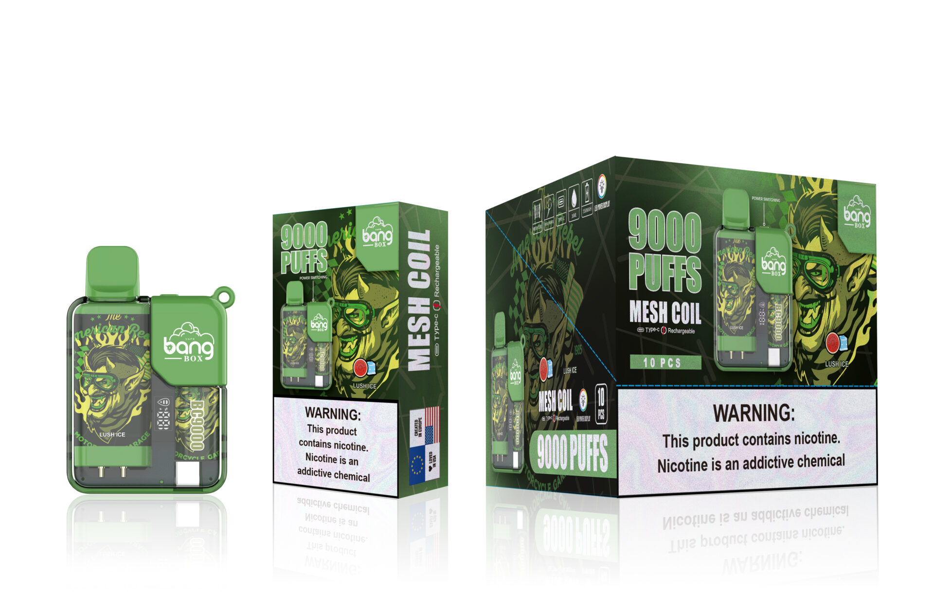 Green-themed "Bang Box" vaping product with "9000 PUFFS" and "Mesh Coil" labeling, featuring bold artwork of a horned character, product images, and a nicotine warning, displayed in detailed packaging with a rechargeable Type-C port.