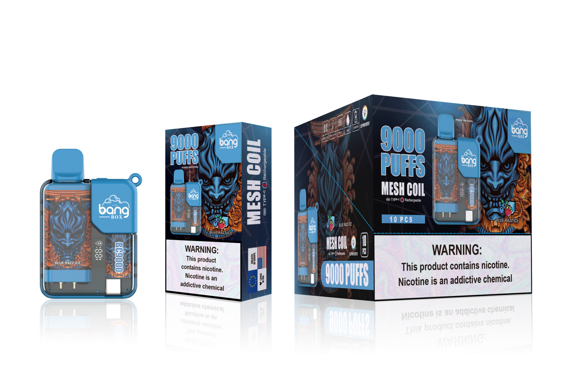 Rechargeable disposable vape device branded "Bang Box" with Blue Razz Ice flavor, featuring 9000 puffs, mesh coil technology, and packaging with vibrant artwork and a nicotine warning label.