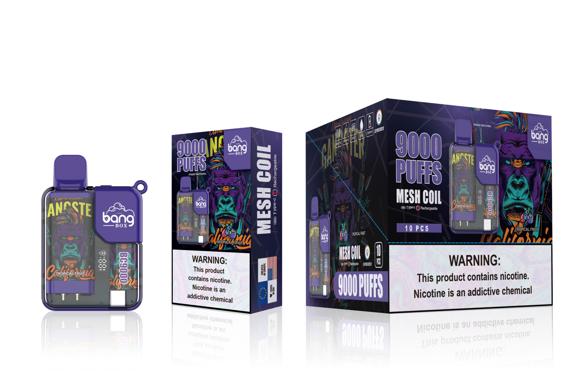 Packaging and a disposable vaping device labeled "Bang Box Mesh Coil" with 9000 puffs, rechargeable via Type-C, featuring vibrant gorilla artwork and nicotine warning labels.