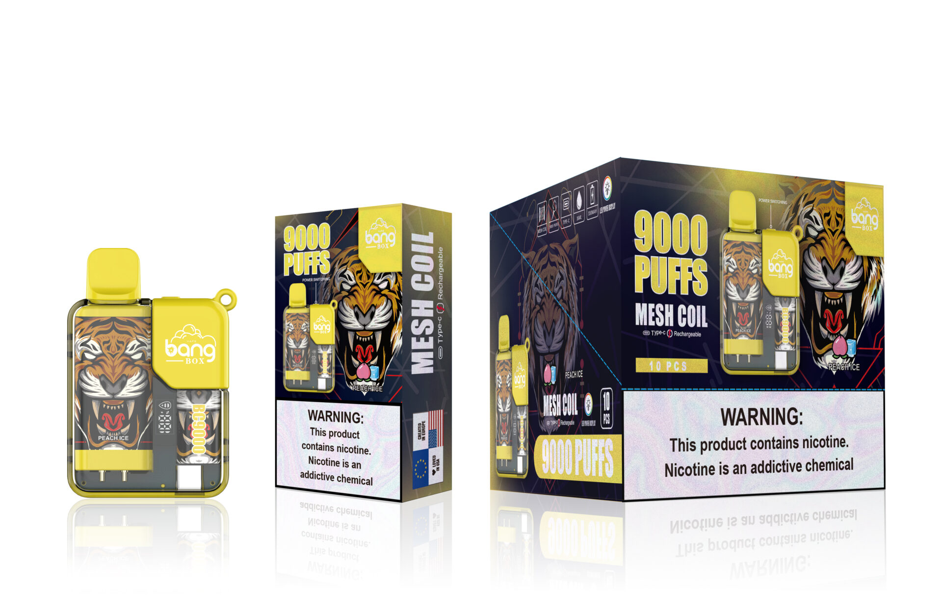 Packaging design for "Bang Box" Peach Ice vape product, featuring a tiger graphic, yellow vape device, and boxes highlighting 9000 puffs, mesh coil, and nicotine warnings.