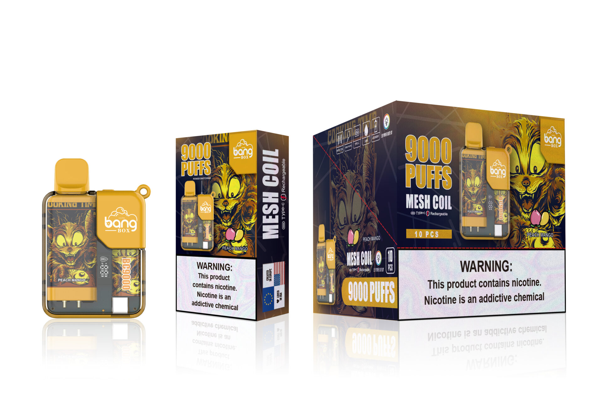 Yellow Bang Box vape packaging featuring 9000 puffs, mesh coil technology, rechargeable via Type-C, and Peach Mango flavor, with a bold cartoon design and a prominent nicotine warning label.