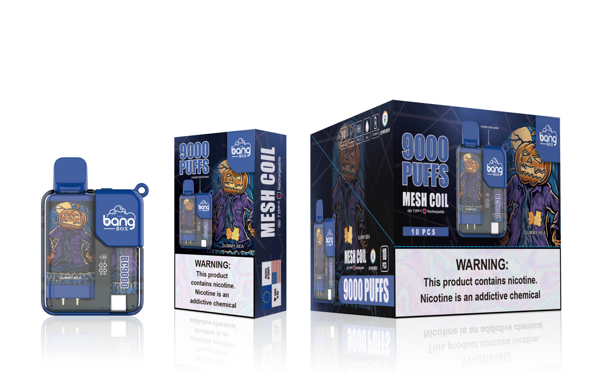 Packaging and product image of Bang Box Mesh Coil rechargeable vape with 9000 puffs, Gummy Bear flavor, featuring Halloween-themed artwork and nicotine warning labels.