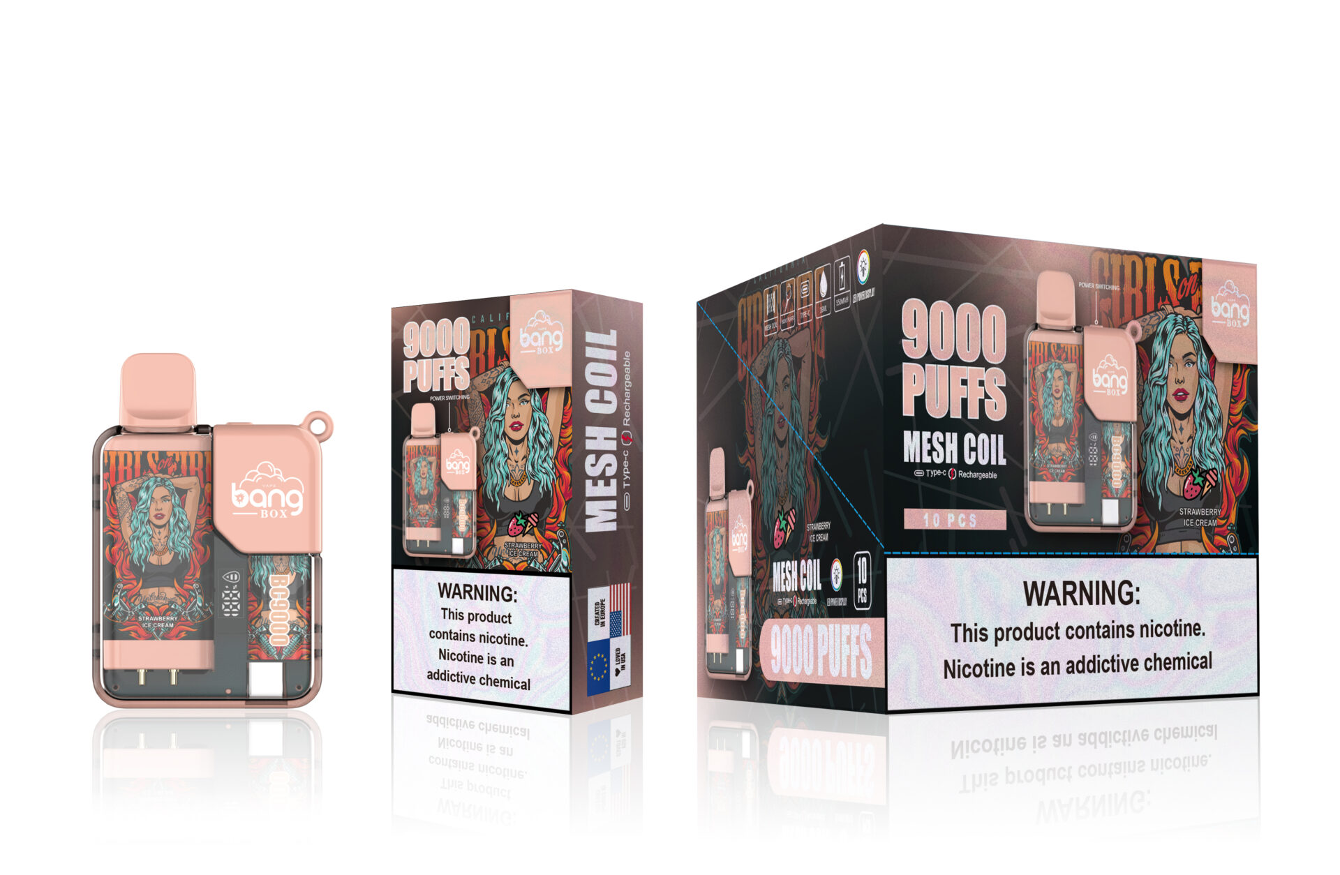 Packaging and product display of Bang Box vape device, featuring 9000 puffs, mesh coil, rechargeable Type-C port, and strawberry ice cream flavor with a prominent warning label about nicotine.