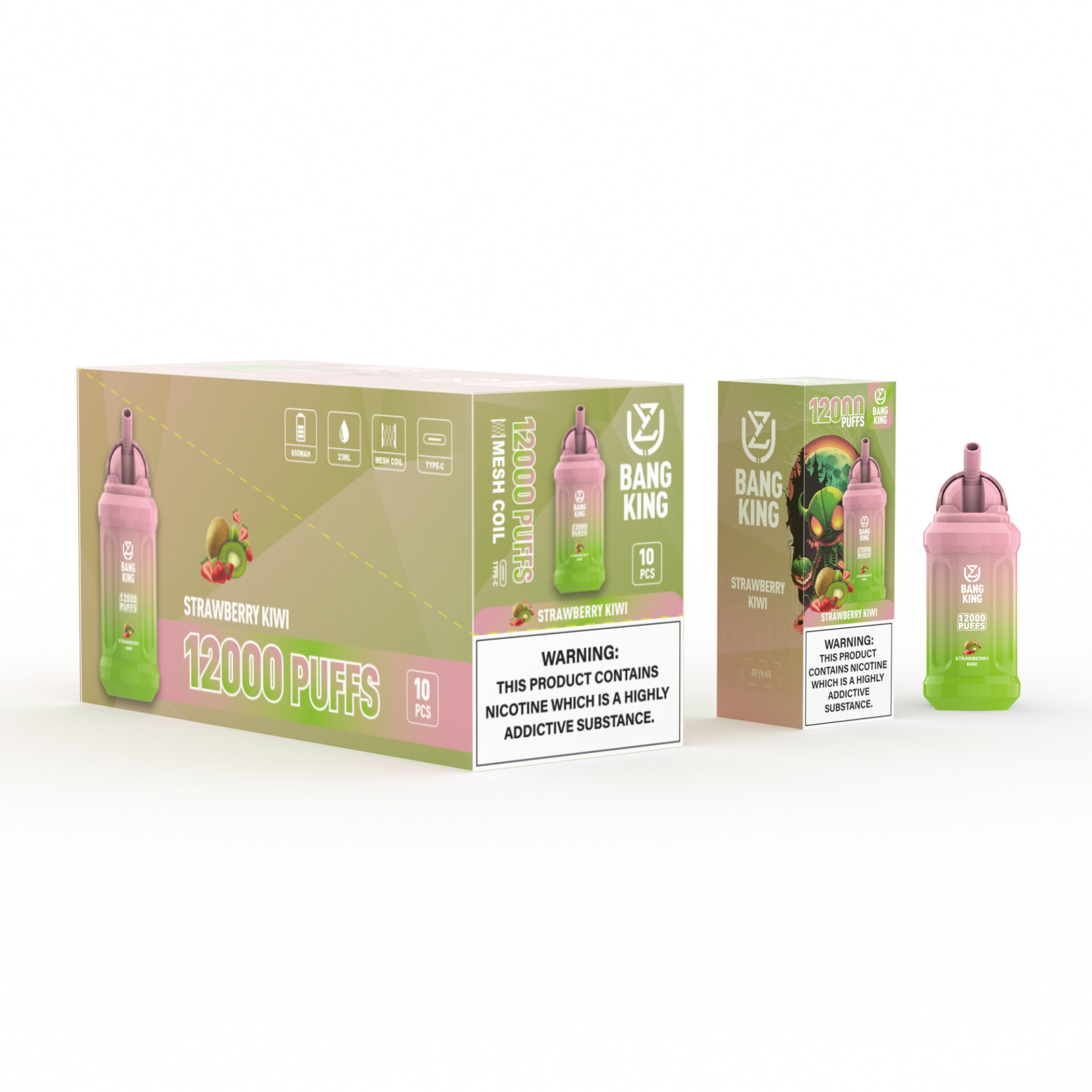 Bang King Strawberry Kiwi disposable vape packaging and device featuring 12,000 puffs, mesh coil, and Type-C charging, with a nicotine warning label, displayed in green and pink tones.