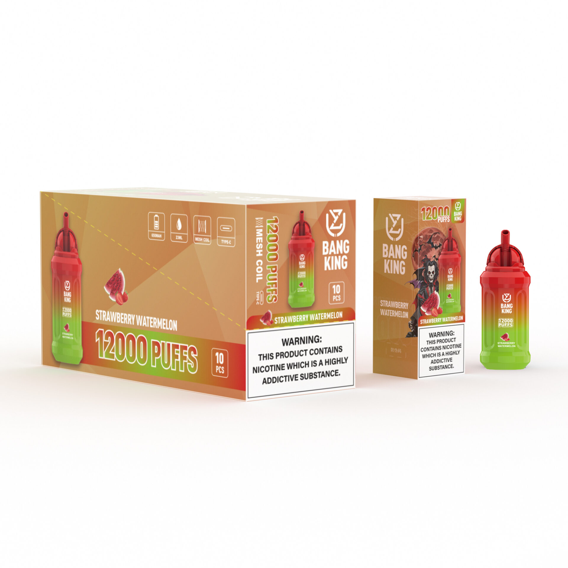 Bang King disposable vape device and packaging for Strawberry Watermelon flavor, labeled with "12,000 puffs," featuring red and green design, mesh coil details, and a nicotine addiction warning.