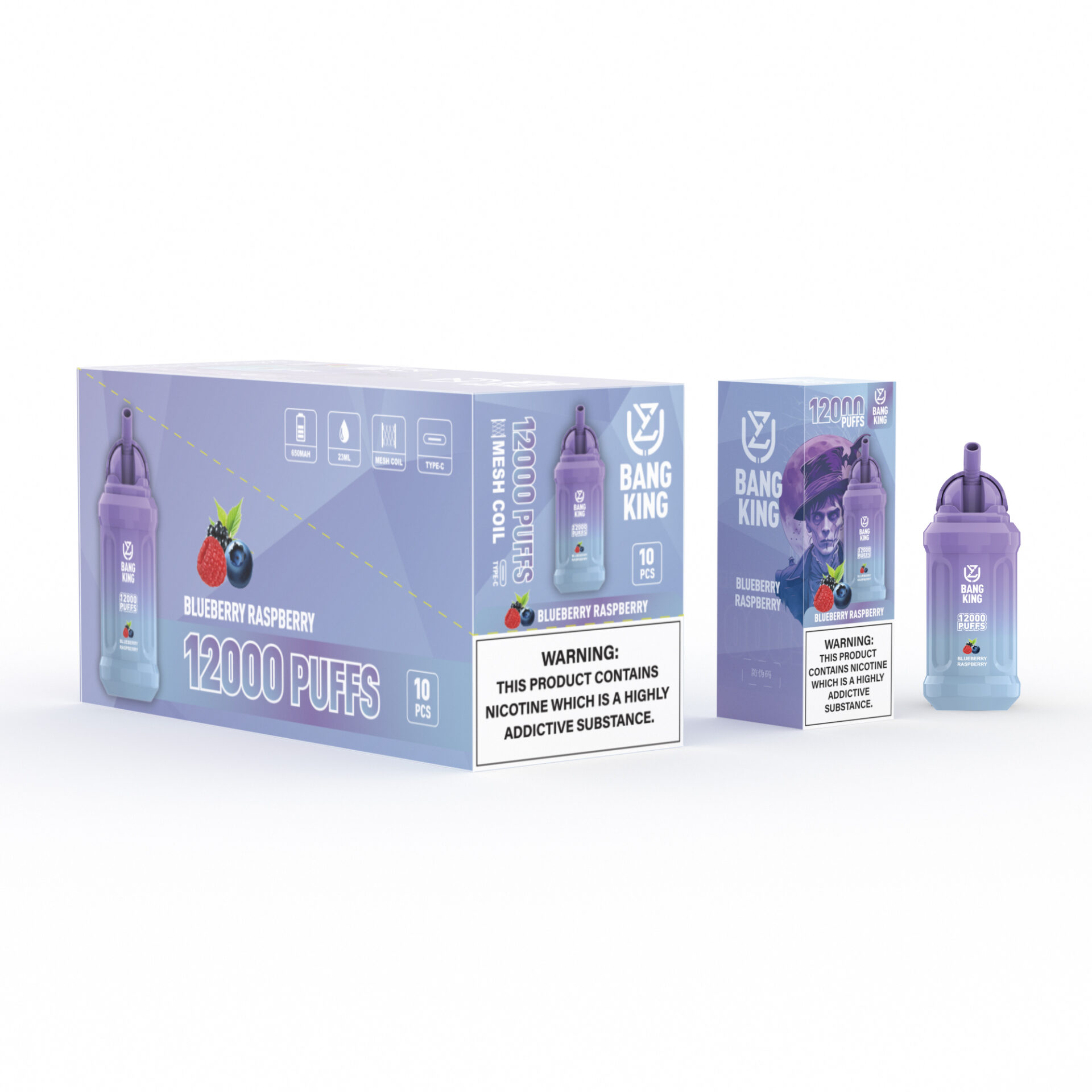 Packaging and a disposable vaping device labeled "Bang King Blueberry Raspberry" with 12000 puffs, featuring a purple design, mesh coil technology, and nicotine warning labels.