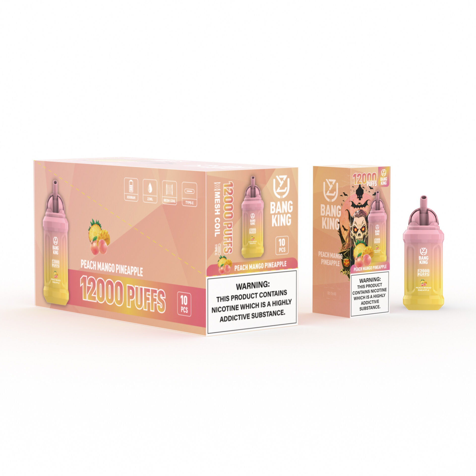 Packaging and product image of Bang King vape with 12,000 puffs, Peach Mango Pineapple flavor, featuring a pastel design and nicotine warning labels.