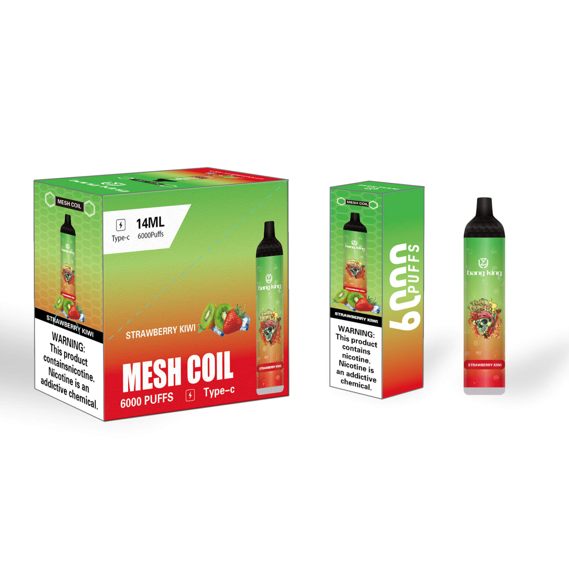 Packaging and device of Bang King Strawberry Kiwi disposable vape featuring a colorful design with fruit imagery, labeled for 6000 puffs, 14ml capacity, and a Type-C port, alongside nicotine addiction warnings.
