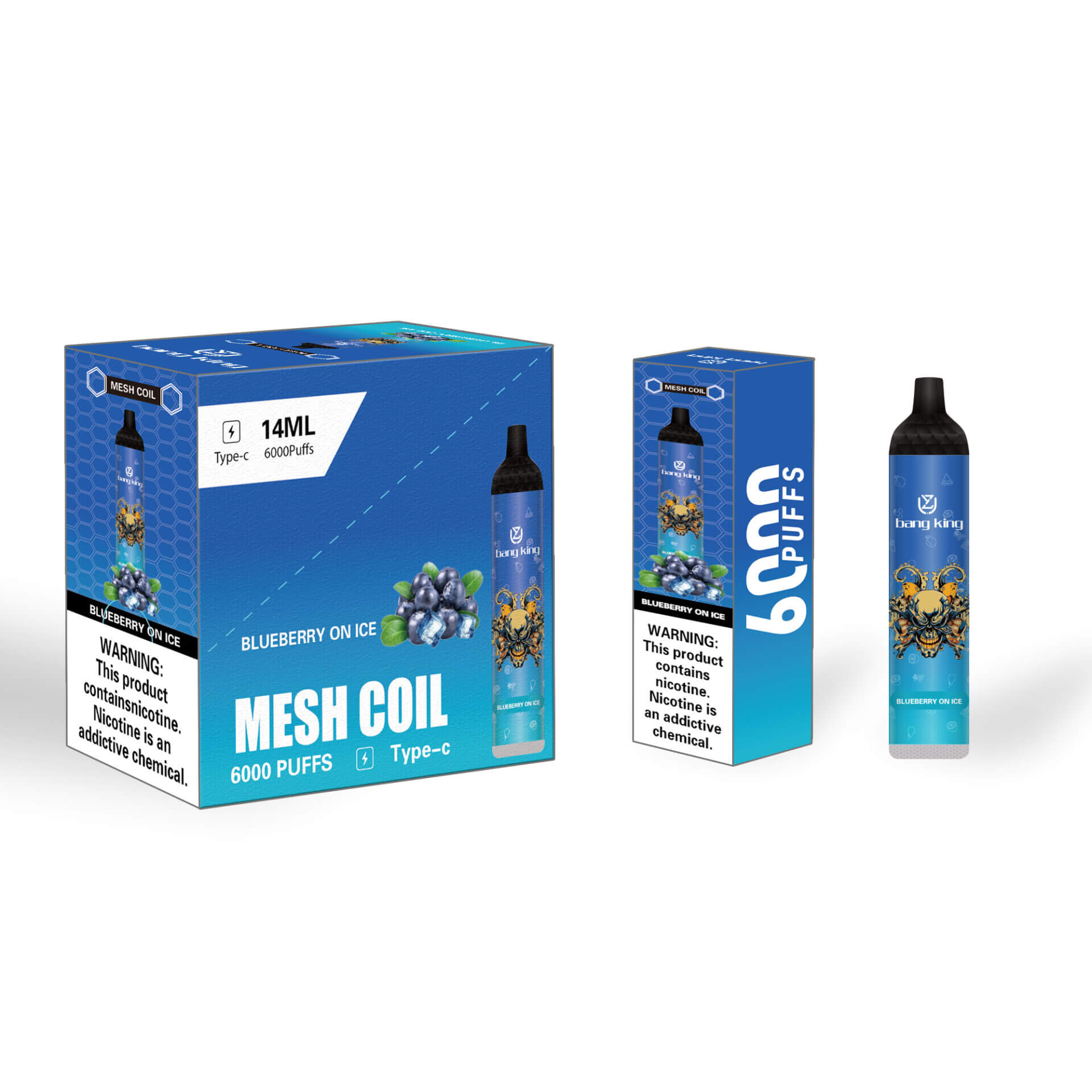 Packaging and device of Bang King 6000 Puffs Blueberry on Ice vape featuring a blue gradient design with a yellow skull graphic, blueberry illustration, and nicotine warning label.