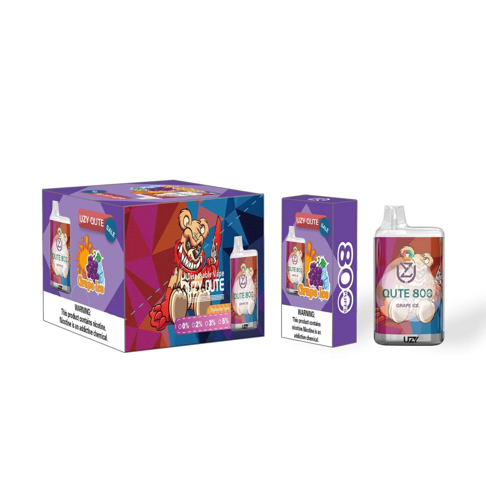 Verpackung einer Einweg-E-Zigarette „UZY Qute 808 Grape Ice“ mit lebendigen Grafiken, Optionen für die Nikotinstärke (0%, 2%, 3%, 5%) und Warnungen, dass Nikotin eine süchtig machende Chemikalie ist.
