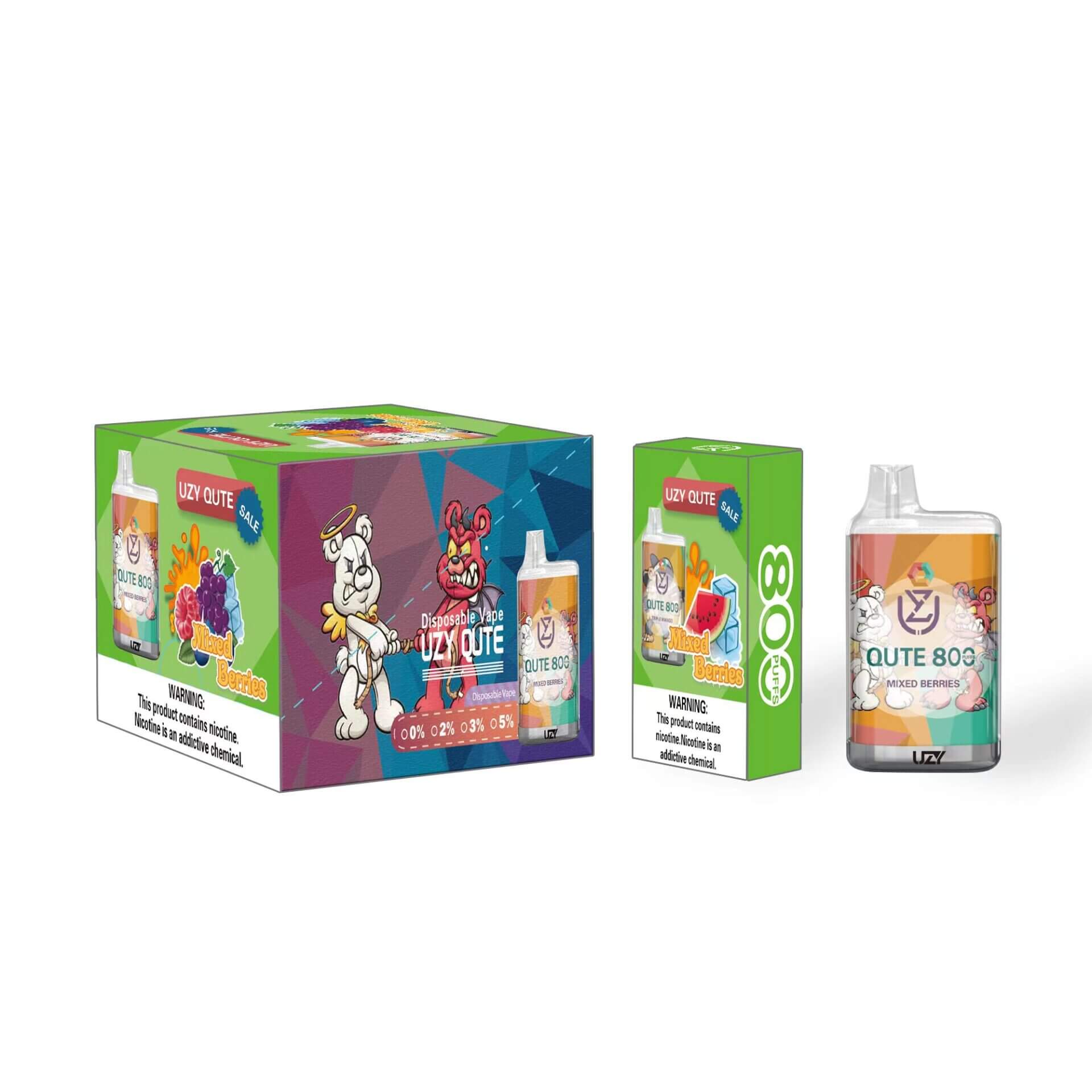 Verpackungsdesign für den Einweg-Vaporizer „UZY QUTE“ mit gemischten Beeren, bestehend aus einer grünen Schachtel mit Zeichentrickfiguren wie Engel und Teufel, Produktbildern, 800 Zügen und Nikotinwarnungen.