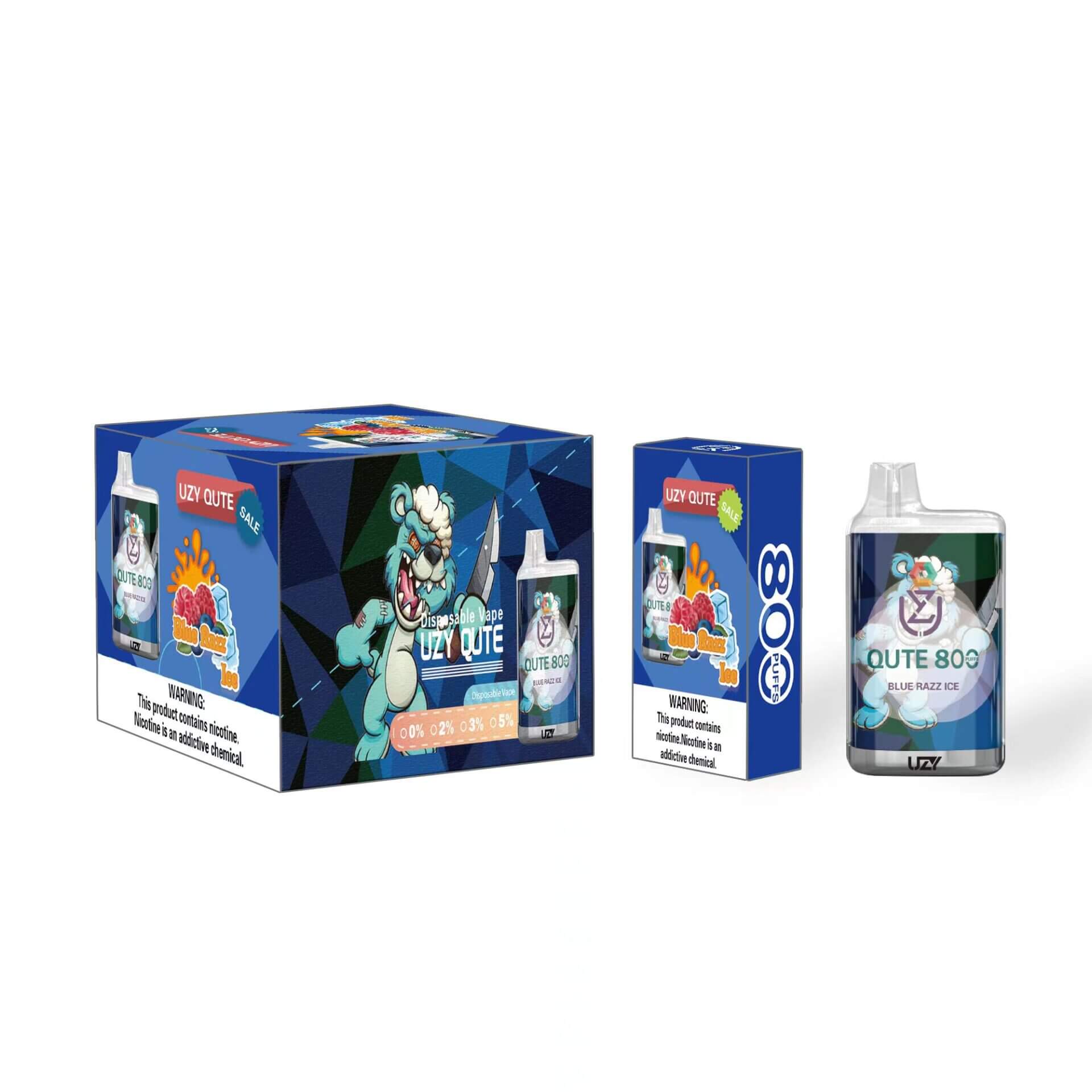Verpackung und Einweg-Vaping-Gerät für Uzy Qute 800 im Geschmack Blue Razz Ice, mit einem Cartoon-Charakter-Design, Beschriftung mit Optionen für die Nikotinstärke und einer Warnung vor Nikotinsucht.