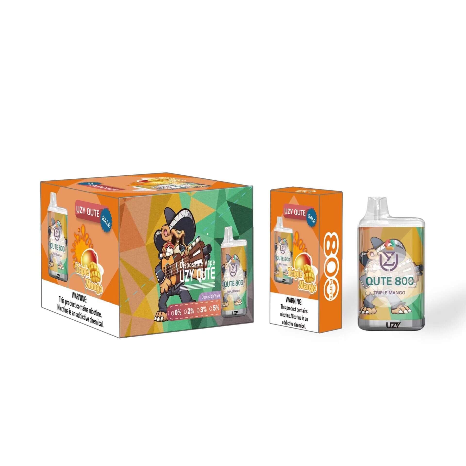 Farbenfrohe „UZY QUTE“-Verpackung und Gerät für E-Zigaretten mit der Aufschrift „Triple Mango“, auf dem eine Zeichentrickfigur mit einer E-Zigarette in der Hand zu sehen ist, neben Nikotinwarnungen und lebendigen geometrischen Hintergrundelementen.