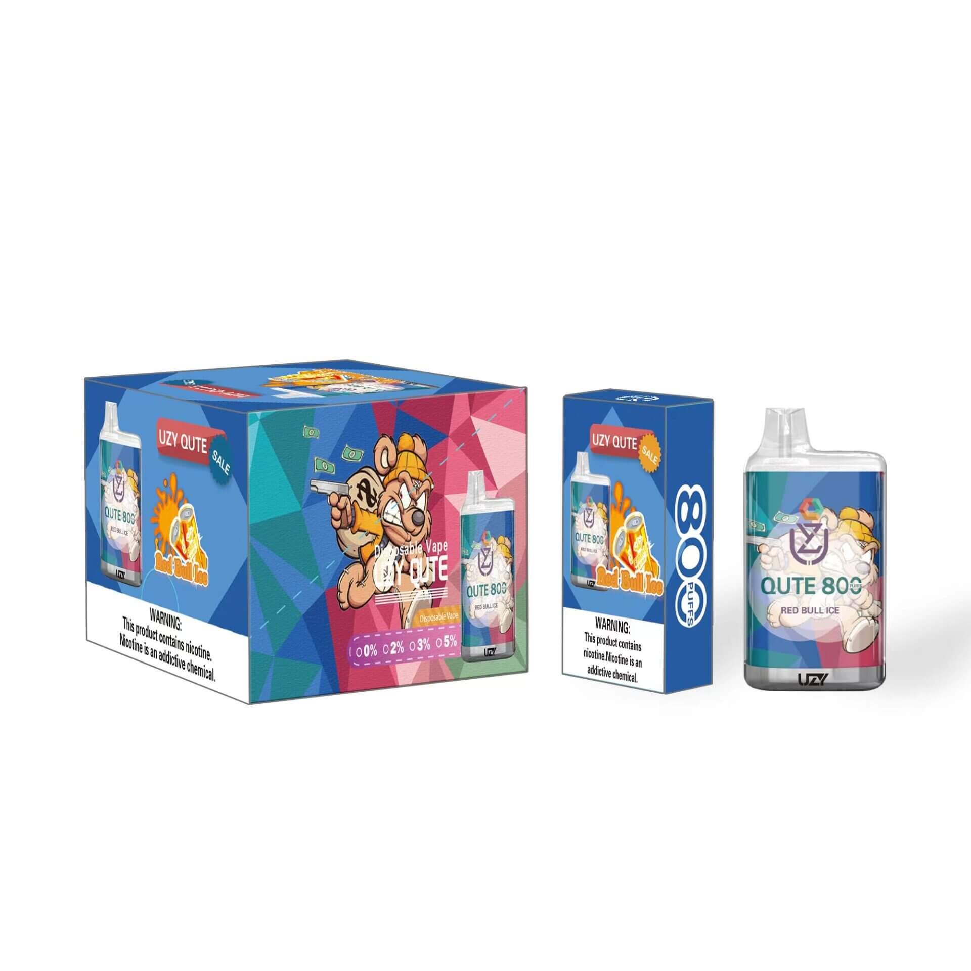 Verpackungsdesign für die Einweg-E-Zigarette UZY QUTE 803 mit Red Bull Ice-Geschmack, farbenfrohen geometrischen Mustern, Cartoon-Figuren-Illustration, Optionen für die Nikotinstärke und einem Nikotinwarnhinweis.