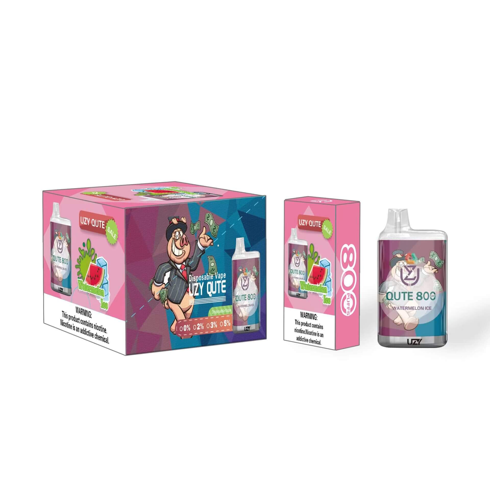 Einweg-Vaporizer und Verpackung von Uzy Qute mit einer Zeichentrickfigur, einem Schwein, Wassermeloneneisgeschmack, Produktdetails und einem Warnhinweis zu Nikotin.