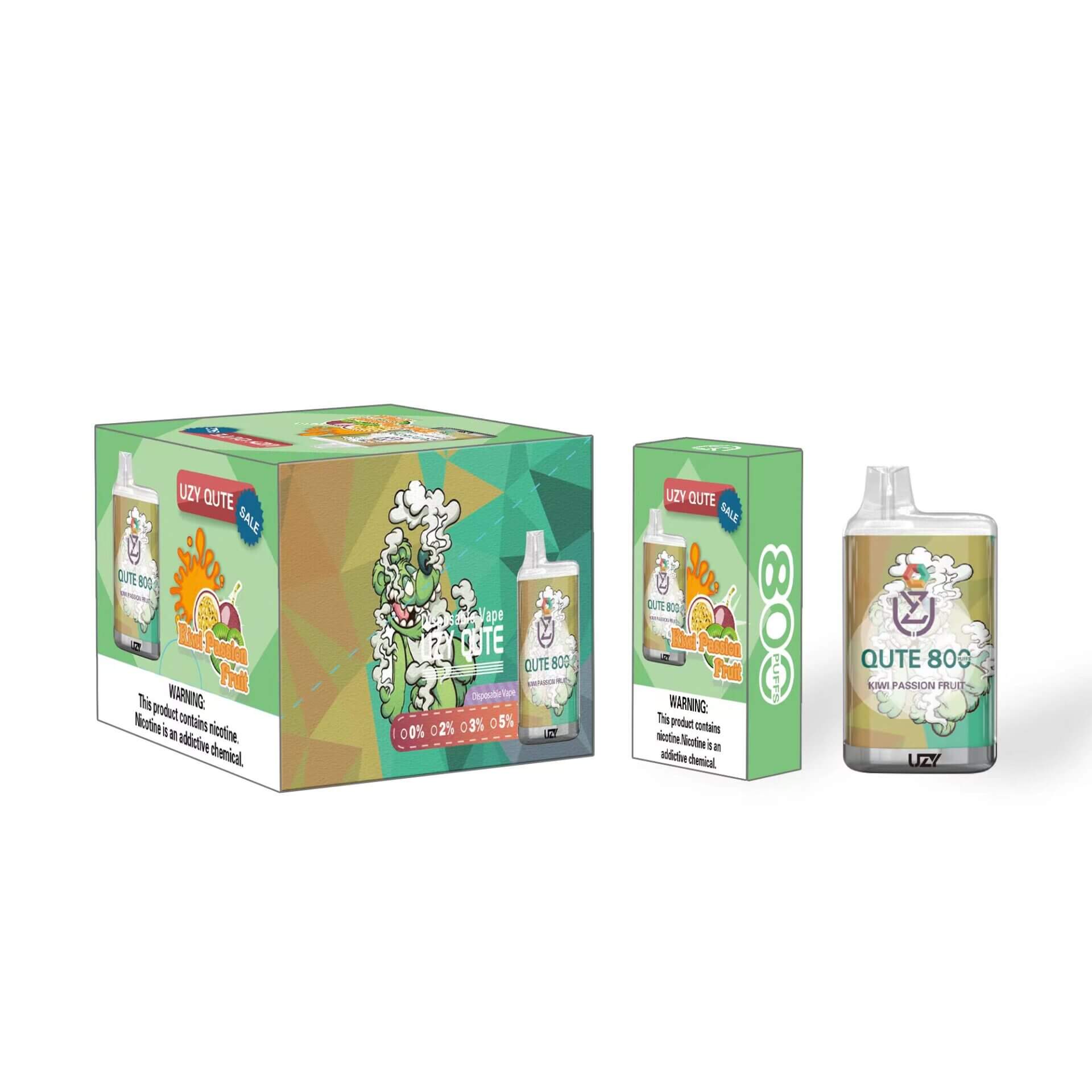 Verpackung und Produkt des UZY QUTE 800 Vape-Geräts im Kiwi-Passionsfrucht-Geschmack mit grün angehauchtem Design und Nikotin-Warnhinweis.