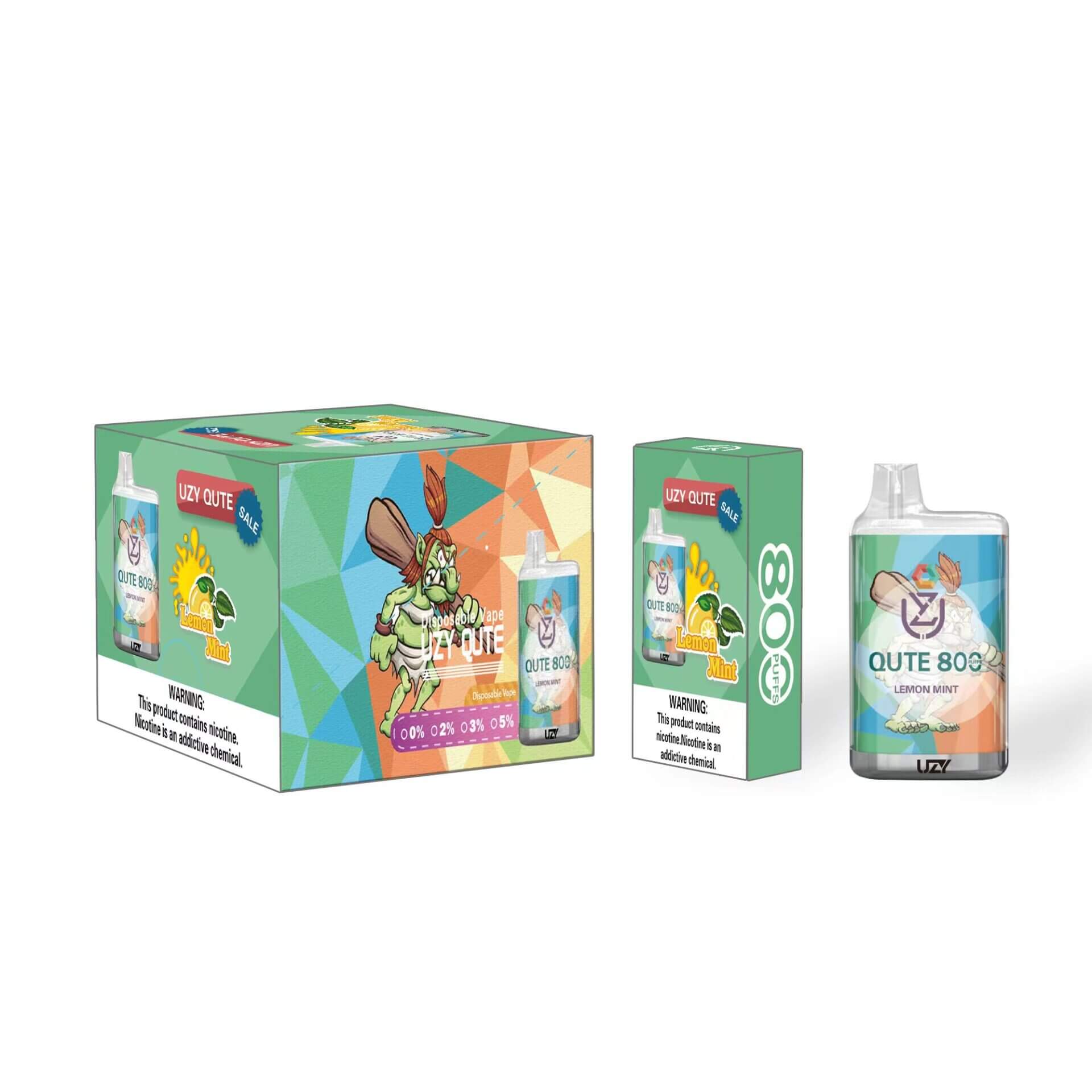 Verpackung und Produktbild von Uzy Qute 803 vape mit Lemon Mint Geschmack, mit einem farbenfrohen Design, Charakter Artwork, und Nikotin-Warnhinweise.