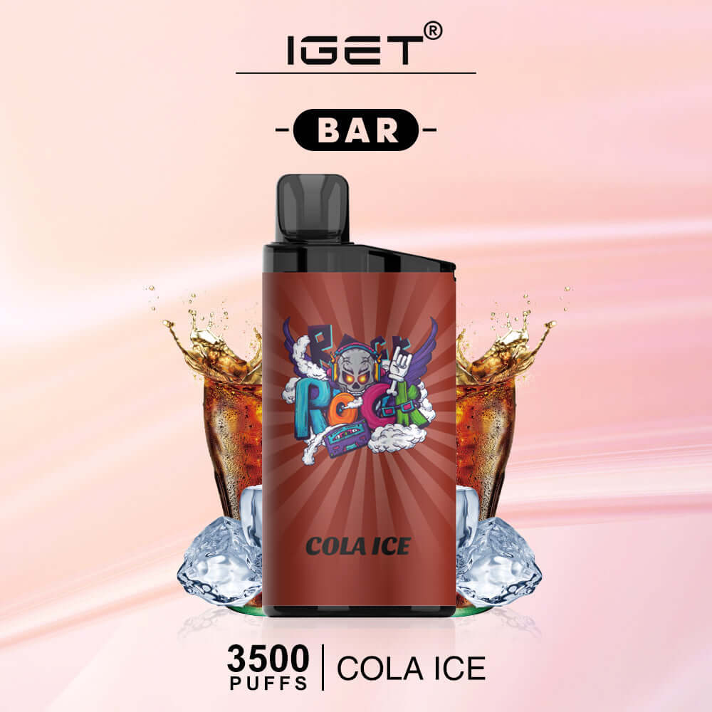 "IGET BAR Cola Ice" vape device featuring 3500 puffs, with a vibrant cola-themed design and icy background.