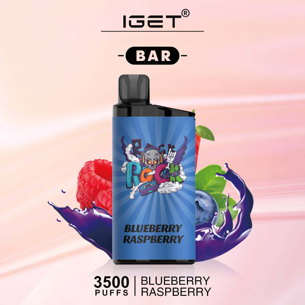 IGET Bar disposable vape in "Blueberry Raspberry" flavor with a blue design, colorful graphics, and fresh blueberries and raspberries in the background, highlighting 3500 puffs.