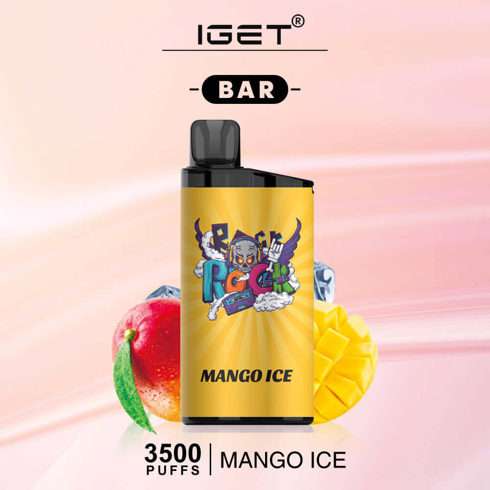 IGET Bar disposable vape in "Mango Ice" flavor with a yellow design, colorful graphics, and fresh mango slices and ice cubes in the background, highlighting 3500 puffs.