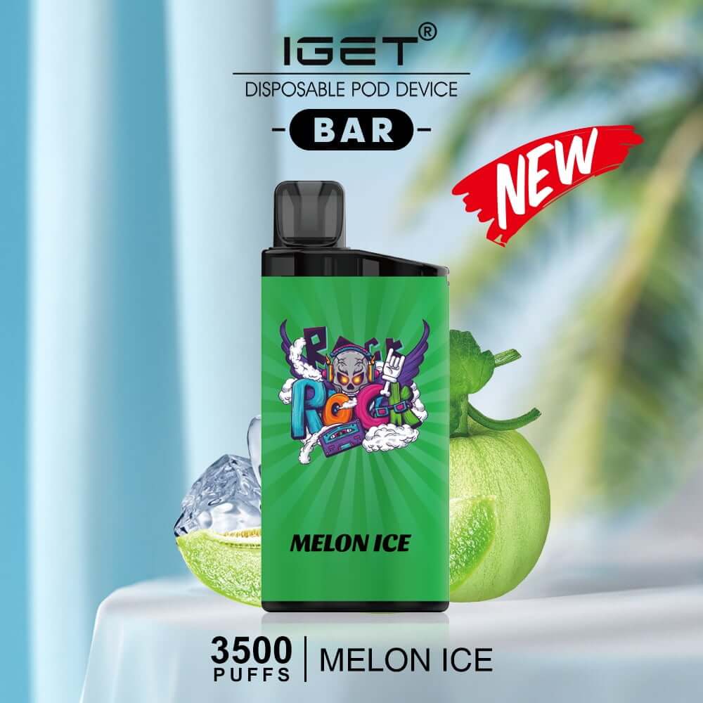 IGET Bar disposable vape in "Melon Ice" flavor with a green design, colorful graphics, fresh melon slices, and ice cubes in the background, highlighting 3500 puffs.