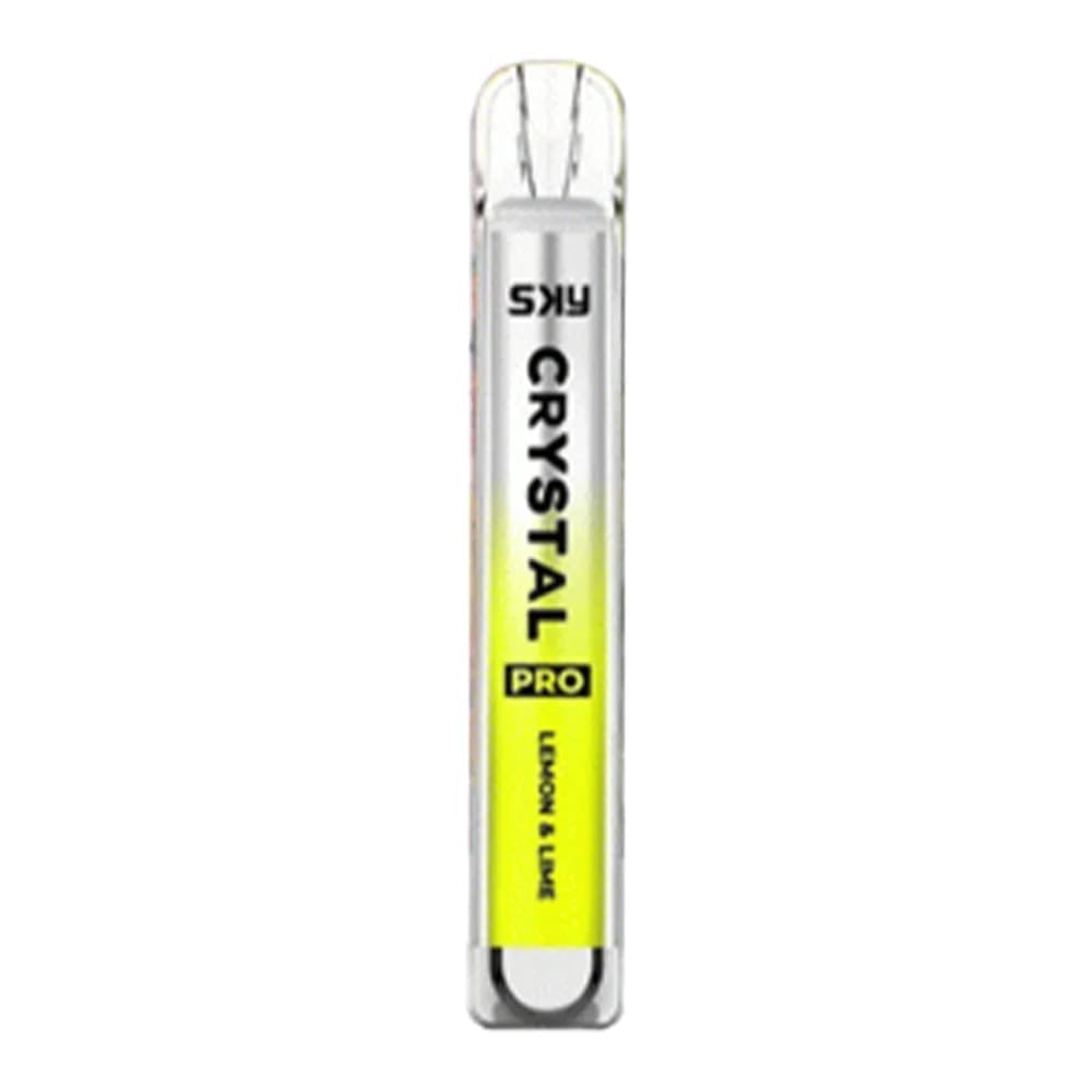 Sky Crystal Pro disposable vape device with a sleek transparent design and a lemon & lime flavor label.