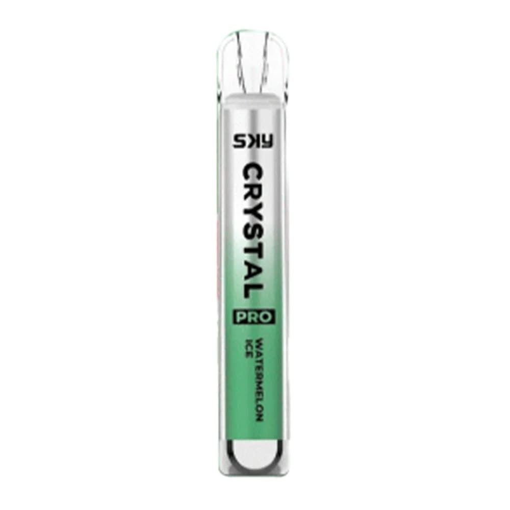 A green and white disposable vape labeled "SKY Crystal Pro Watermelon Ice."