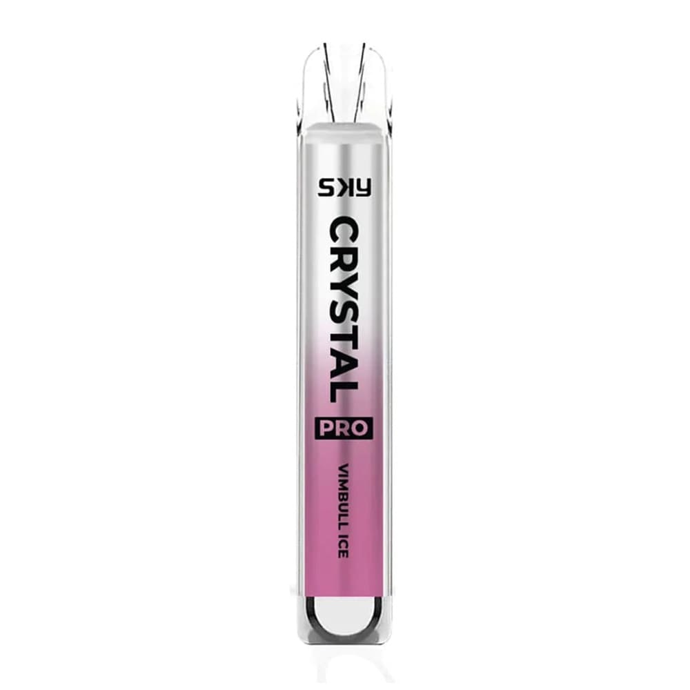 A SKY Crystal Pro vape device with a sleek gradient pink and silver design, labeled with the flavor "Vimbull Ice," on a white background.