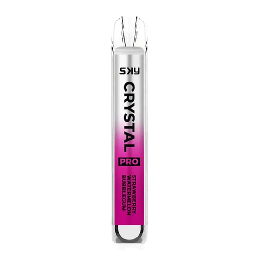 SKY Crystal Pro vape device with a sleek gradient design transitioning from silver to pink, featuring "Strawberry Watermelon Bubblegum" flavor.