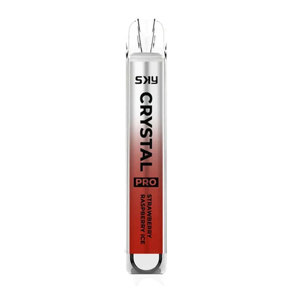 A red and white disposable vape labeled "SKY Crystal Pro Strawberry Raspberry Ice."