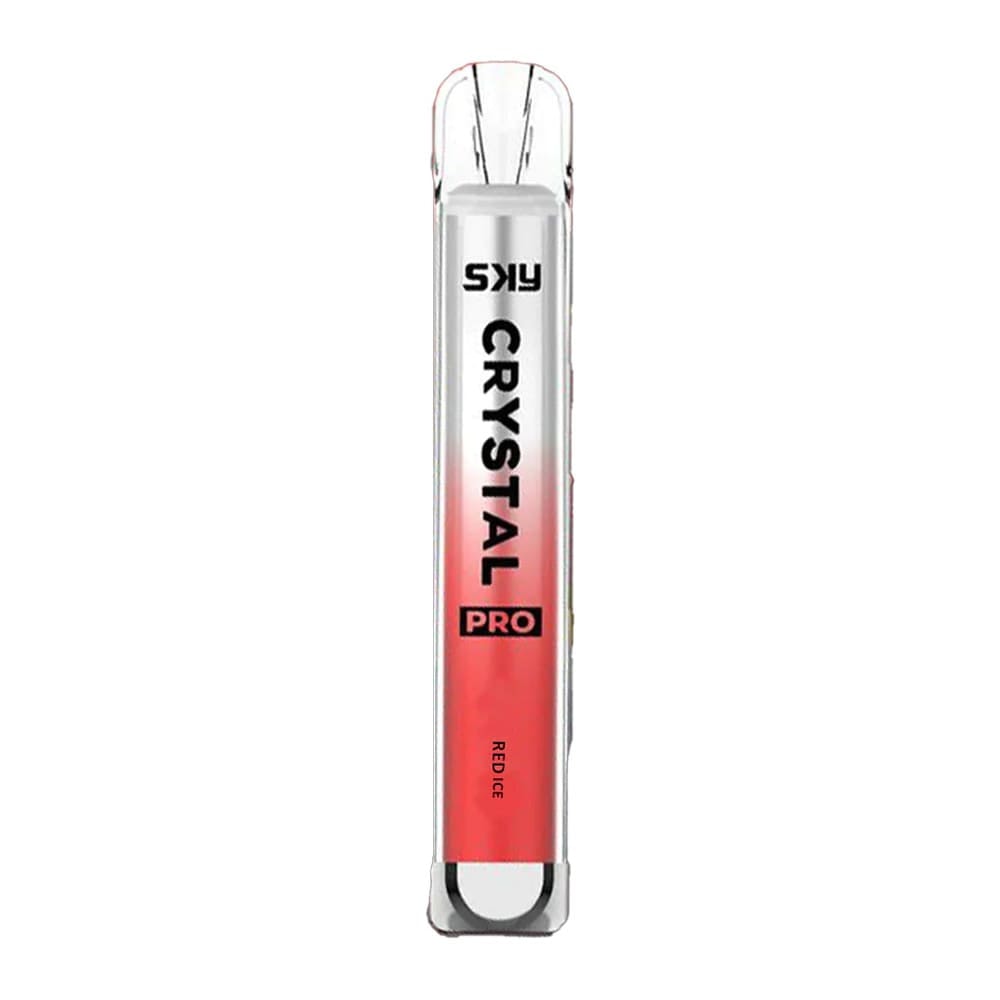 A sleek Sky Crystal Pro vape device with a gradient red and silver design, labeled "Red Ice."
