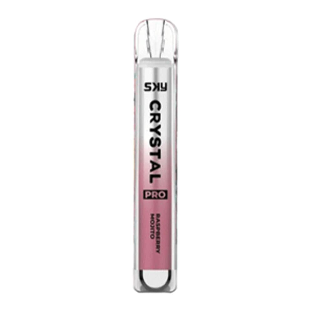 A Sky Crystal Pro disposable vape in Raspberry Mojito flavor with a sleek, transparent design and pink gradient color.