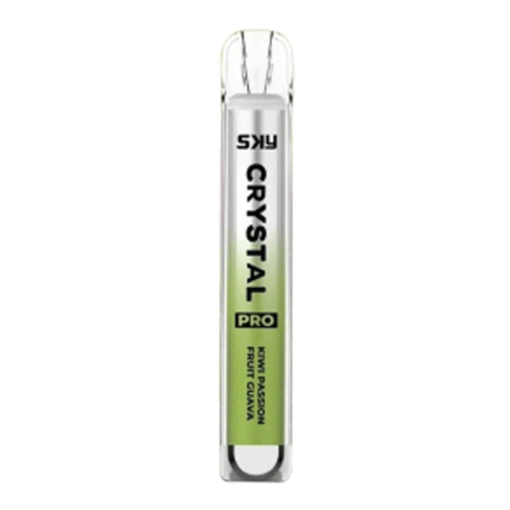 A slim disposable vape device labeled "SKY Crystal Pro" with a green gradient design and the flavor "Kiwi Passion Fruit Guava."