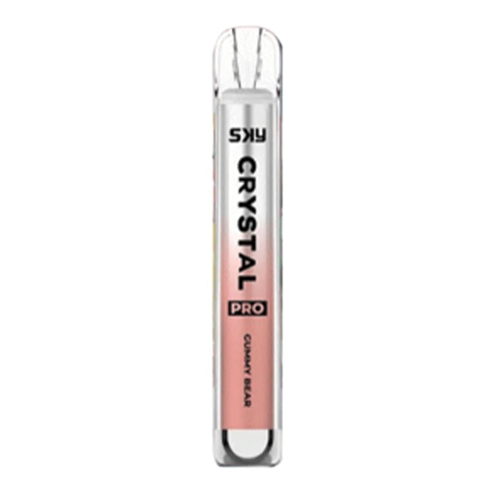 A Sky Crystal Pro disposable vape in Gummy Bear flavor with a transparent design and a peach-colored gradient.