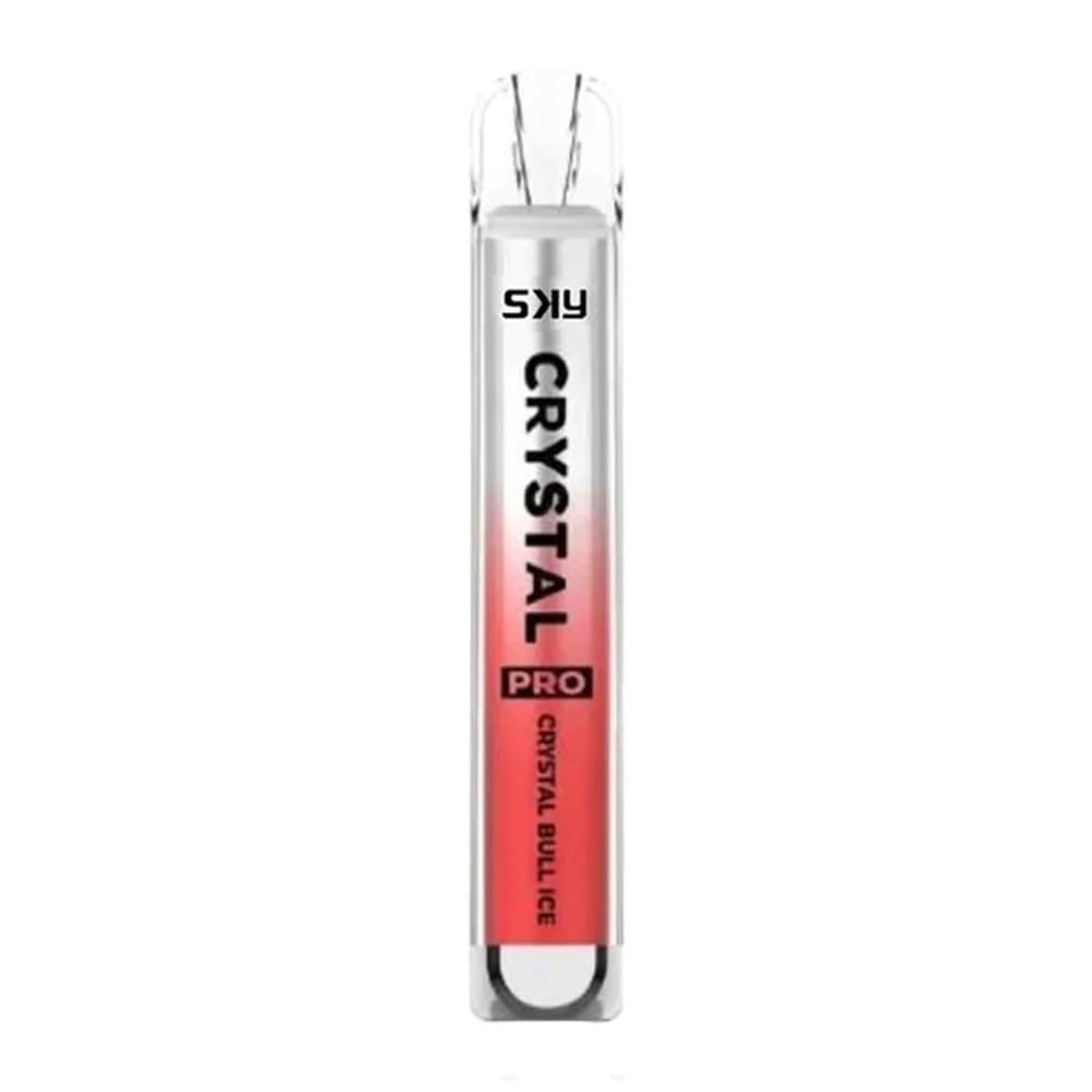 A sleek disposable vape device labeled "SKY Crystal Pro" with a gradient red-to-white design and the flavor "Crystal Bull Ice."