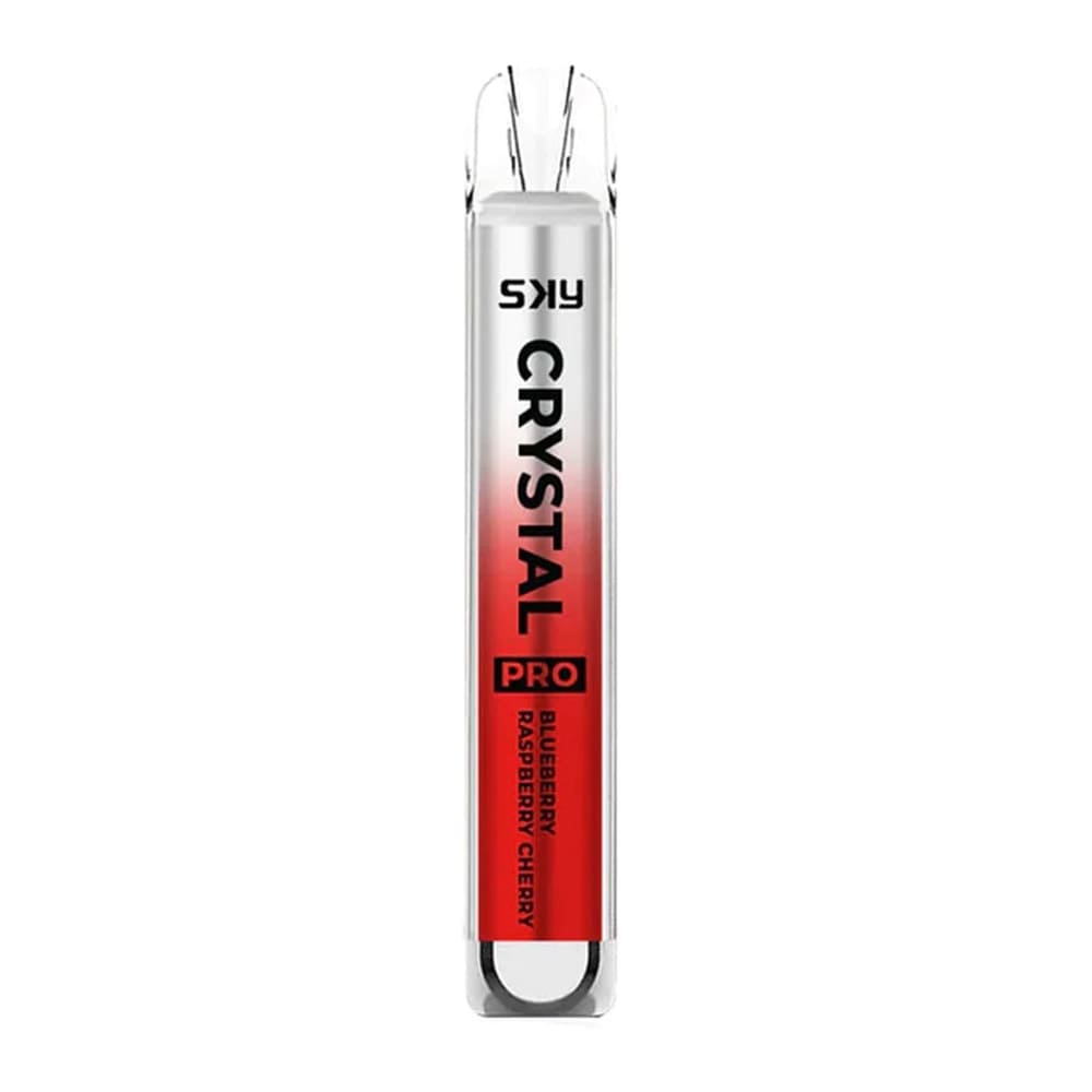 A disposable vape device labeled "SKY CRYSTAL PRO" with a gradient design from silver to red, featuring the flavor "Blueberry Raspberry Cherry."