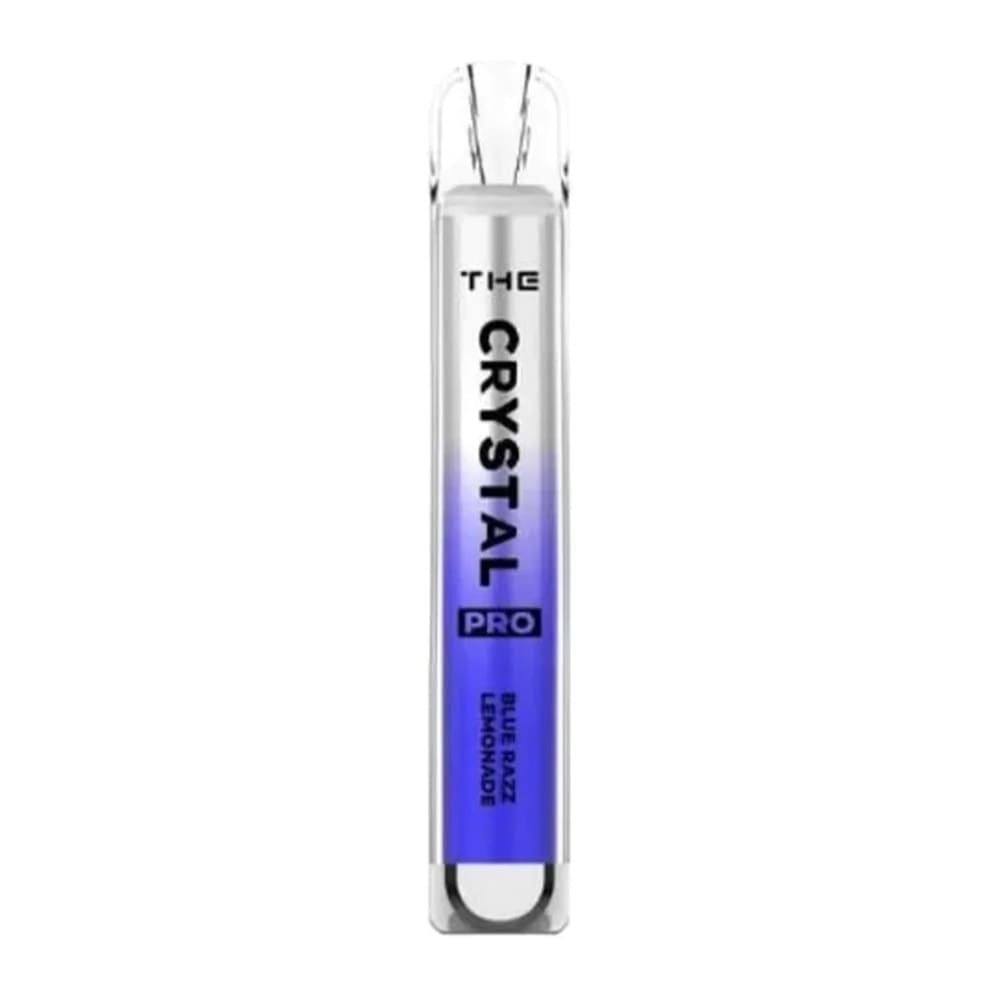 A sleek disposable vape device labeled "The Crystal Pro" with a gradient blue-to-white design and the flavor "Blue Razz Lemonade."