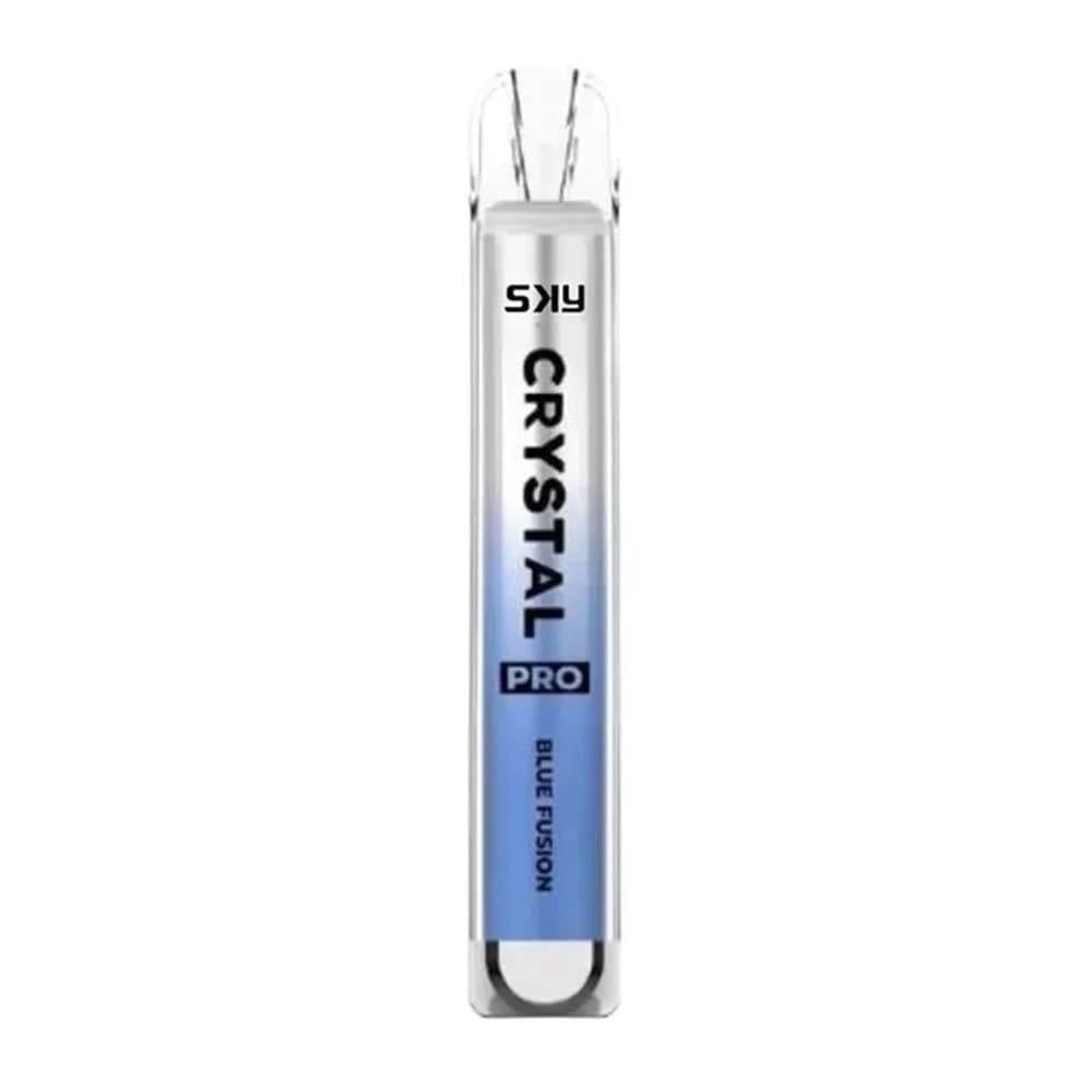 A transparent cylindrical vape device labeled "SKY CRYSTAL PRO" with "BLUE FUSION" written at the bottom, featuring a gradient blue design.