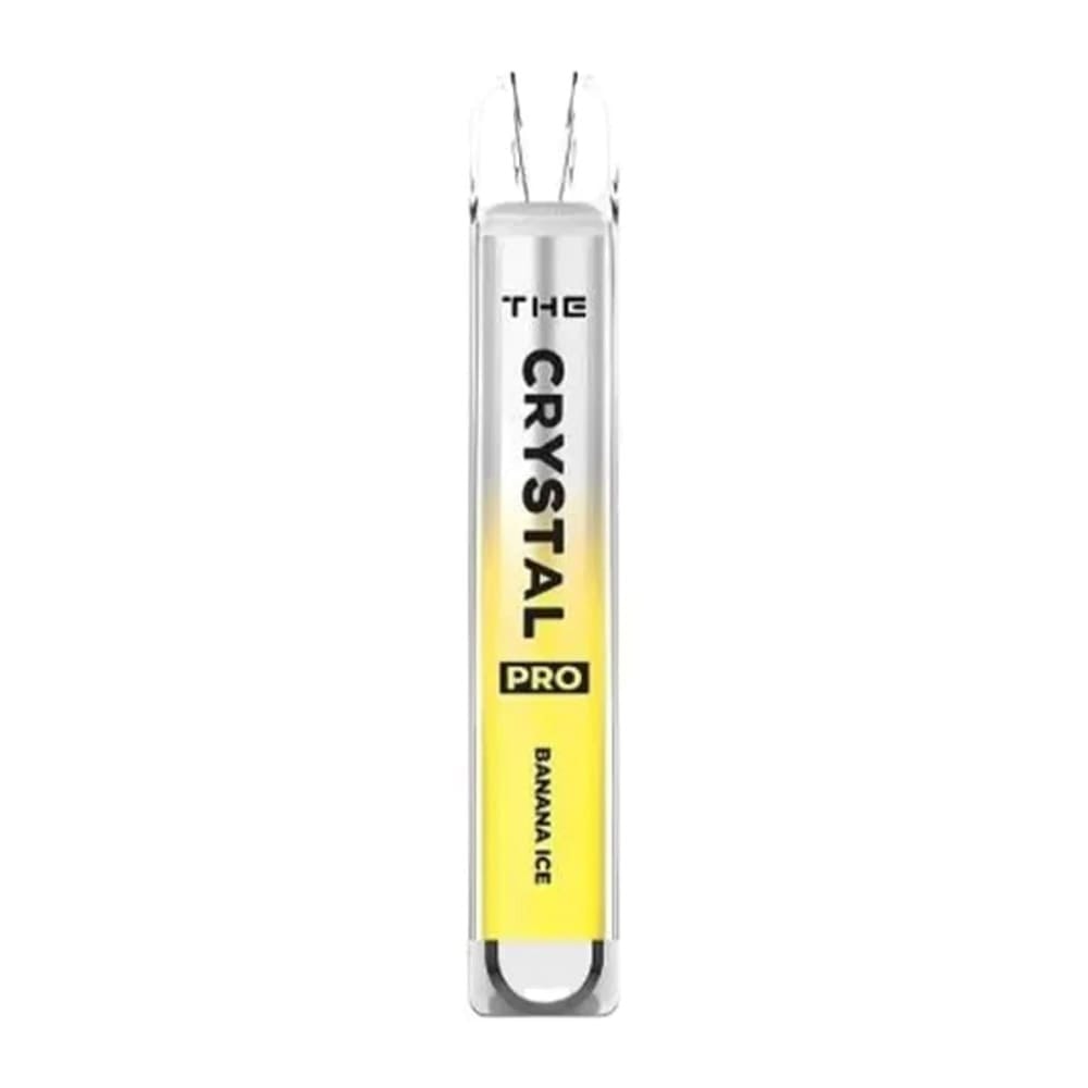 "The Crystal Pro disposable vape with Banana Ice flavor and a transparent design."