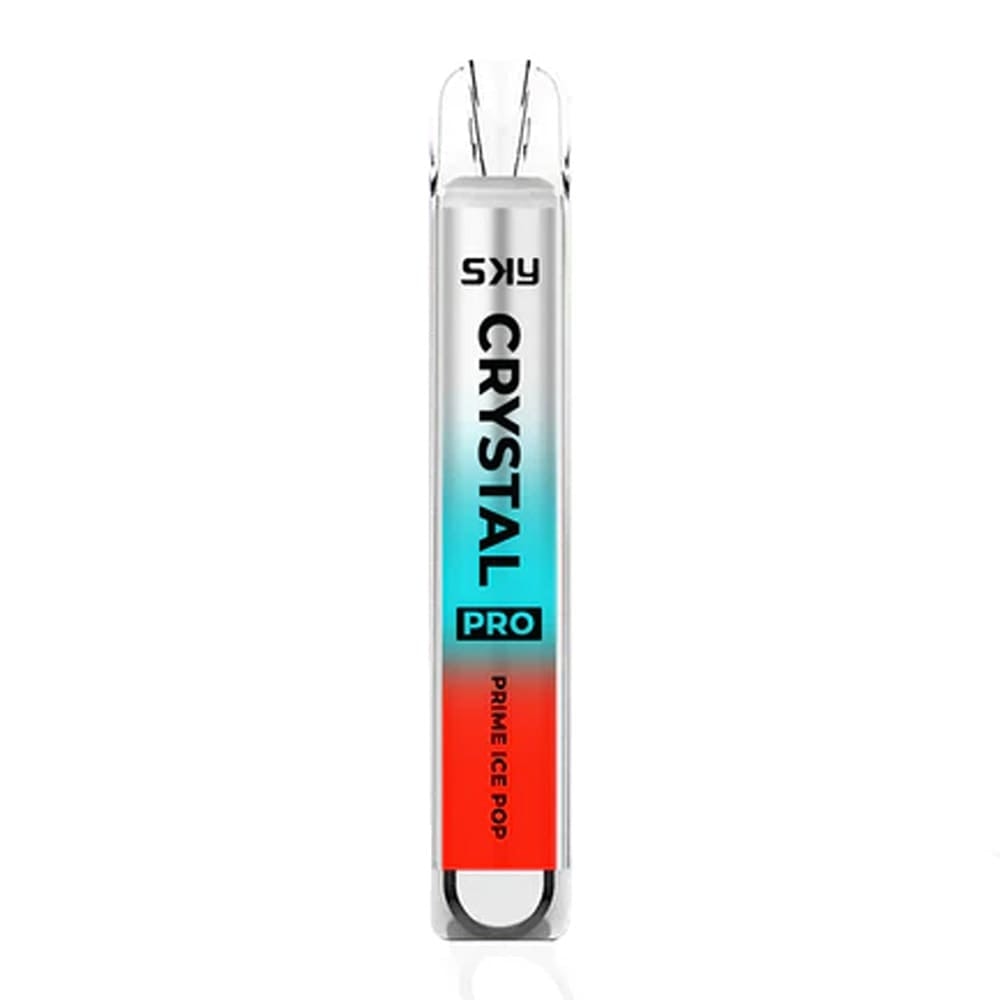 SKY Crystal Pro disposable vape with a gradient blue-to-red design labeled "Prime Ice Pop" and "Pro" branding.