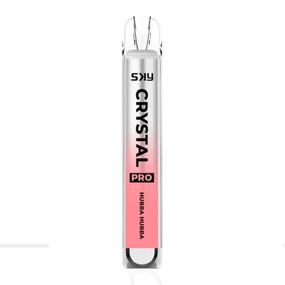 A transparent disposable vape labeled "SKY Crystal Pro" with a pink gradient design and the flavor "Hubba Hubba."