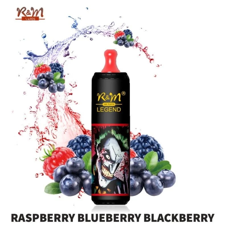 Ein schwarz-rotes Vape-Gerät mit der Aufschrift "R&M Legend", umgeben von Bildern von Himbeeren, Blaubeeren und Brombeeren mit spritzendem Saft.