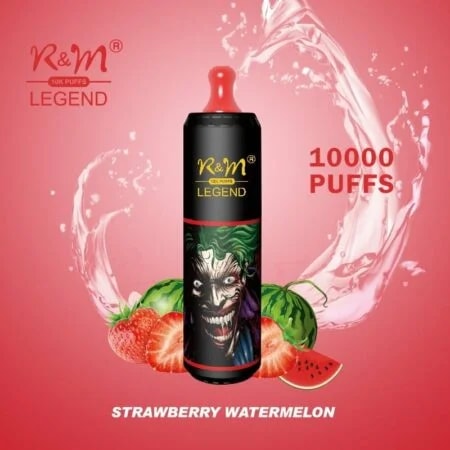 Vape monouso R&M Legend da 10.000 puff al gusto di fragola e anguria, con un design audace che raffigura un personaggio su sfondo rosso.