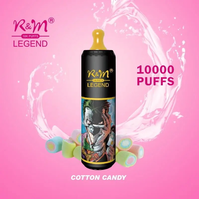 Ein pinkfarbener Werbespot mit einem R&M Legend Einwegdampfgerät mit Zuckerwattegeschmack, einem bunten Cartoon-Design und dem Text "10.000 Puffs".