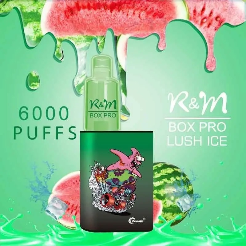 Green-themed promotional image for the R&M Box Pro Lush Ice vape, featuring a cartoon design on the device, "6000 puffs" text, and watermelon elements in the background.