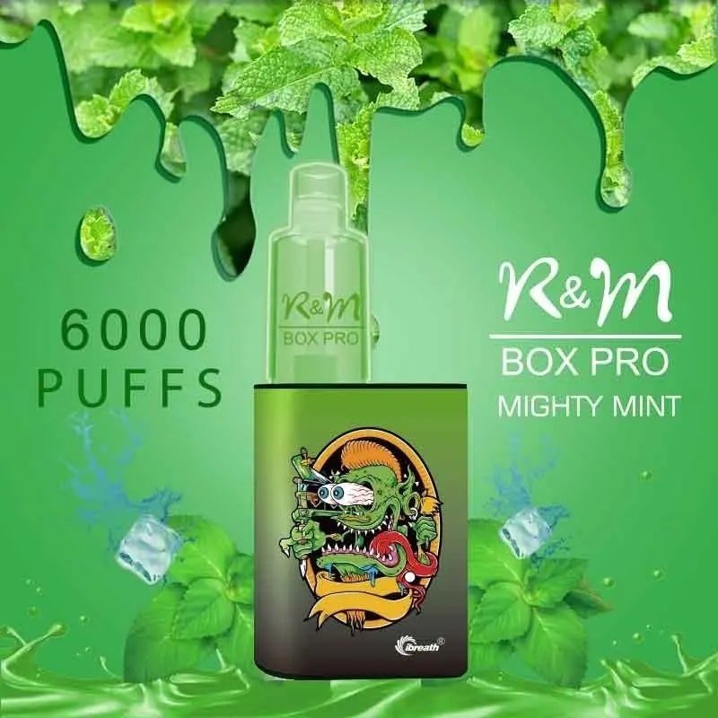 A green-themed R&M Box Pro vape device with "Mighty Mint" flavor, featuring an artistic monster design, surrounded by mint leaves, ice cubes, and the text "6000 puffs."